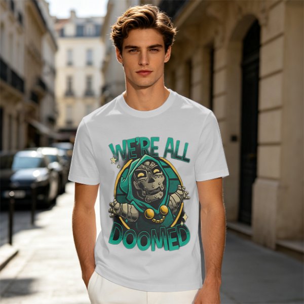 Olive T-Shirt Featuring 'We're All Doomed' and Doom Character Art