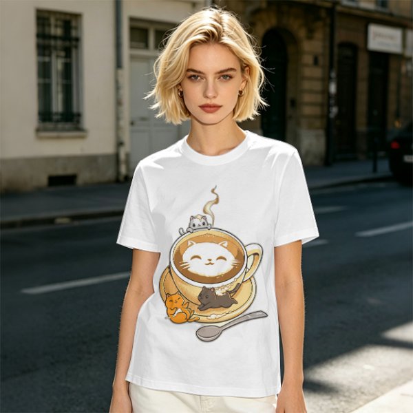 Olive Green T-Shirt With Cute Cat Latte Art And Kittens Print