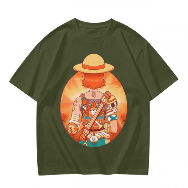 Olive T-Shirt Featuring Anime Character With Straw Hat Back View