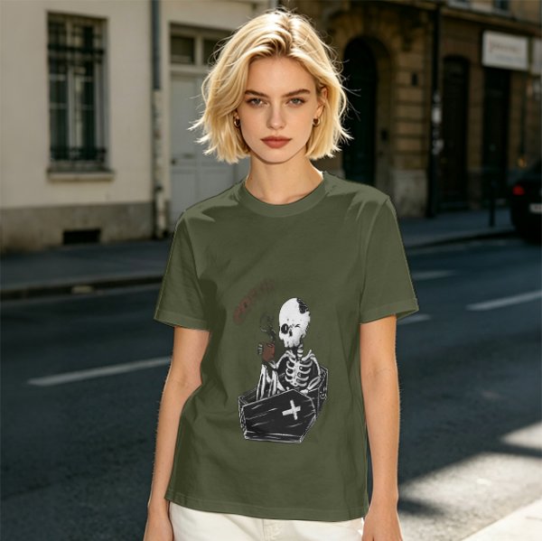 Olive T-shirt with Skeleton in Coffin Holding Coffee Print