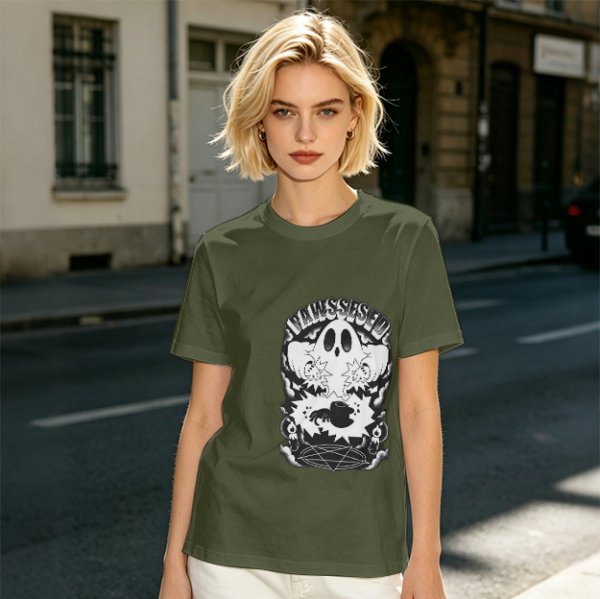 Olive T-shirt with Ghost and Occult Graphic Print