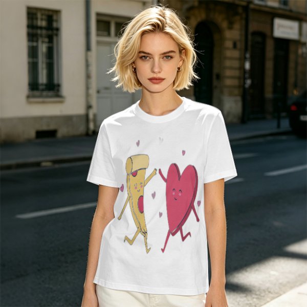 Olive T-Shirt with Dancing Pizza Slice and Heart Graphic