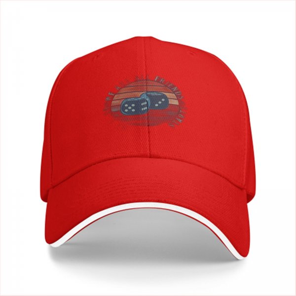 Black baseball cap with retro sunset and dice graphic