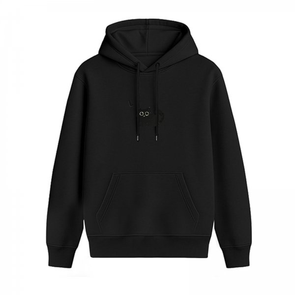 Black Hoodie With Subtle Minimalist Cat Graphic Design