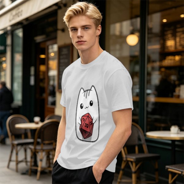 Olive T-Shirt With Cute White Cat Holding D20 Dice Print