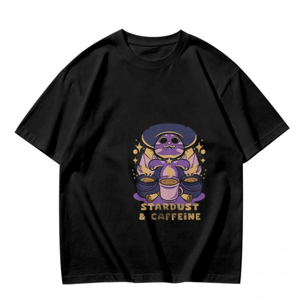 Olive Graphic T-Shirt with Wizard Cat and Stardust & Caffeine Print
