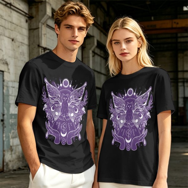 Olive T-Shirt with Celestial Cat Moth and Mystical Hands Print