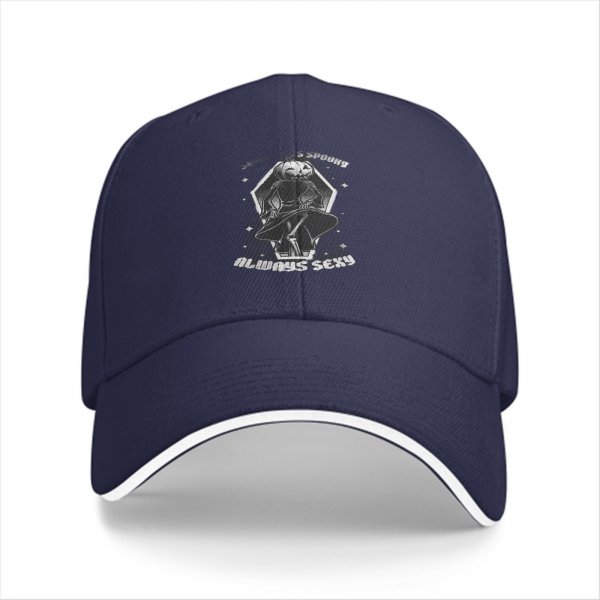 Black baseball cap with spooky pumpkin figure and 'Always Sexy' text