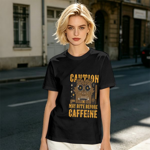 Olive Graphic T-Shirt With 'Caution May Bite Before Caffeine' Angry Cat Print