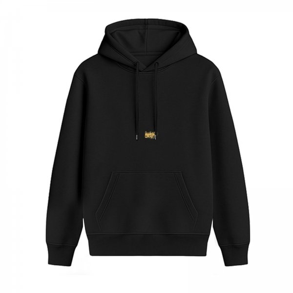 Black Pullover Hoodie with Small Gold Embroidered Chest Logo