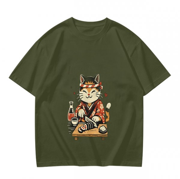 Olive T-Shirt Featuring a Cute Cat Sushi Chef Illustration