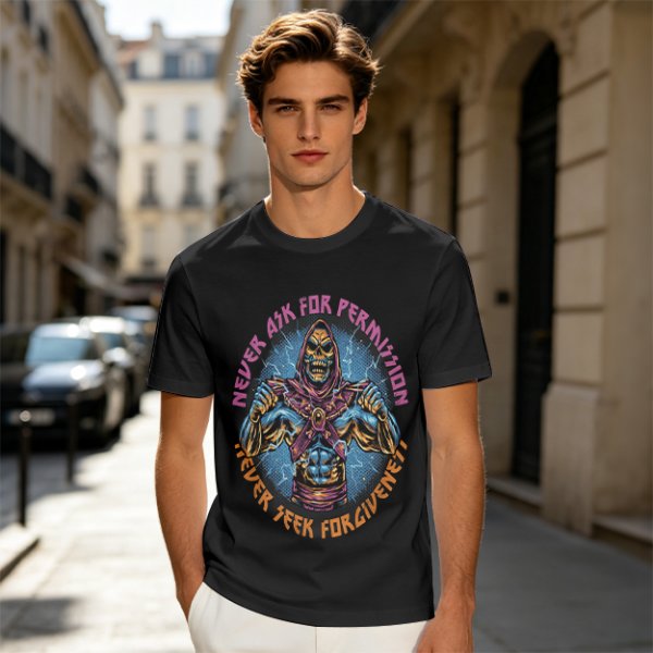 Olive t-shirt with skeleton warrior graphic and permission forgiveness text