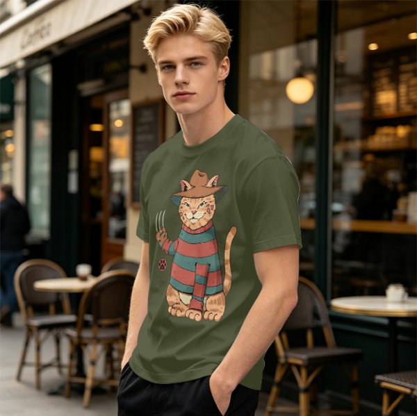 Olive T-Shirt With Freddy Krueger Themed Cat Graphic