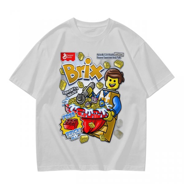 Olive t-shirt with Lego-style Brix cereal graphic print