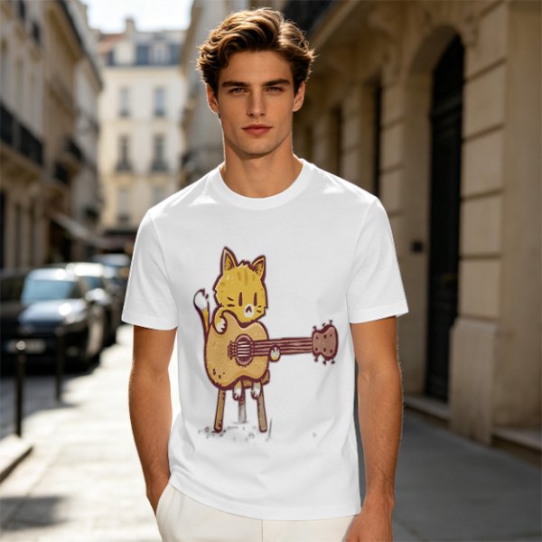 Olive T-shirt with Cute Orange Cat Playing Guitar Graphic