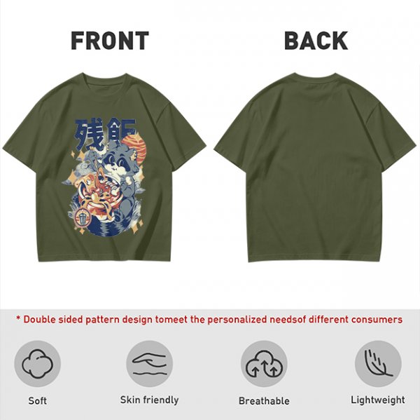 Olive green graphic t-shirt with raccoon eating ramen print