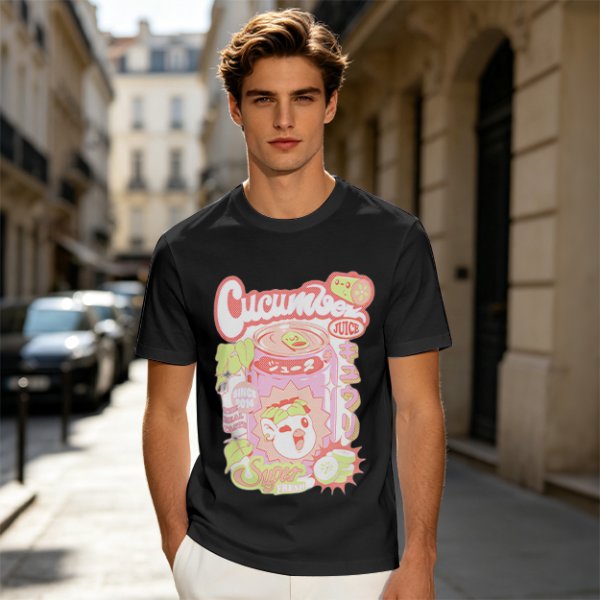Olive green graphic t-shirt with cucumber juice themed print
