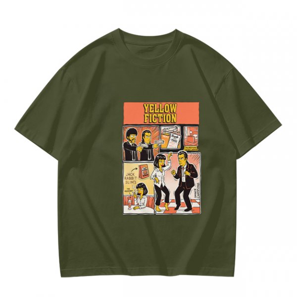 Olive green t-shirt with Yellow Fiction Simpson-style Pulp Fiction dance print