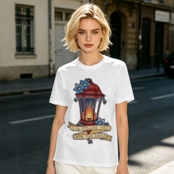 Olive t-shirt with lantern flame graphic and 'I'll follow you into the dark' text