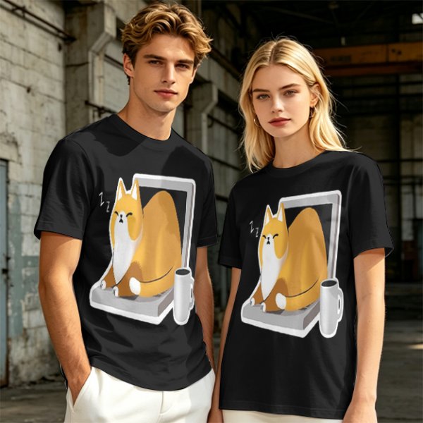 Olive T-Shirt with a Sleeping Cat on a Laptop Print