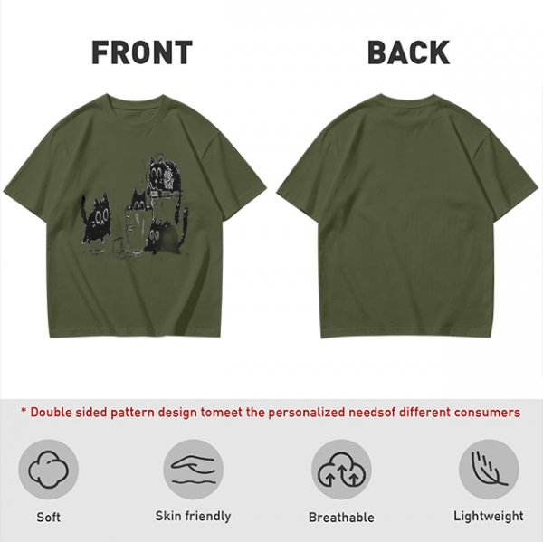 Olive Green T-Shirt With Playful Black Cat Graphic Print