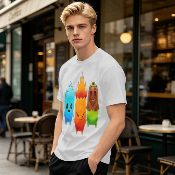 Olive T-Shirt With Cute Water Fire And Earth Elemental Characters