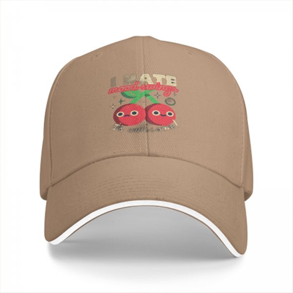 Black baseball cap with funny mood swing cherry graphic print