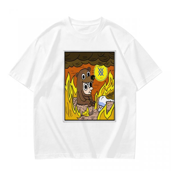 Olive T-shirt with Cartoon Bear Costume Figure in Flames Art