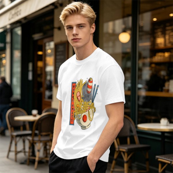 Olive T-Shirt With Ramen Bowl Graphic and Vertical Text Print