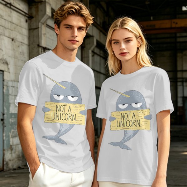 Olive T-Shirt With Grumpy Narwhal Holding Not A Unicorn Sign