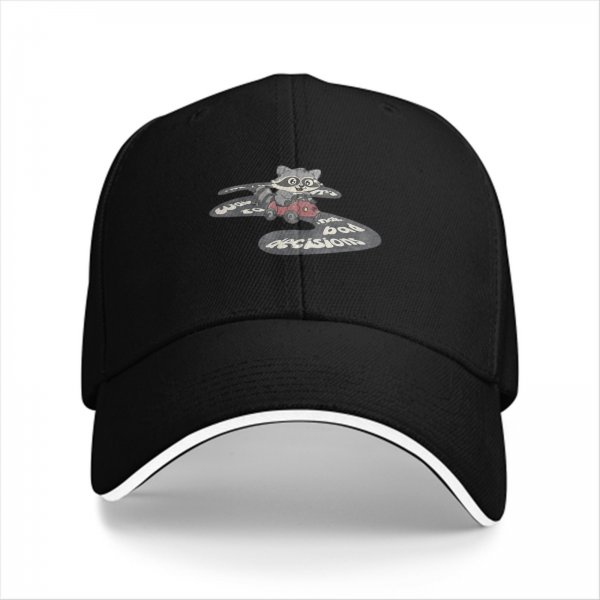 Black baseball cap with raccoon driving car and bad decisions print