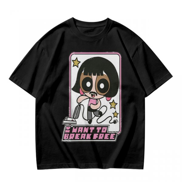 Olive green graphic t-shirt with Powerpuff-style character and 'I Want To Break Free' text