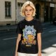 Olive green t-shirt with cute gray cat holding taiyaki graphic