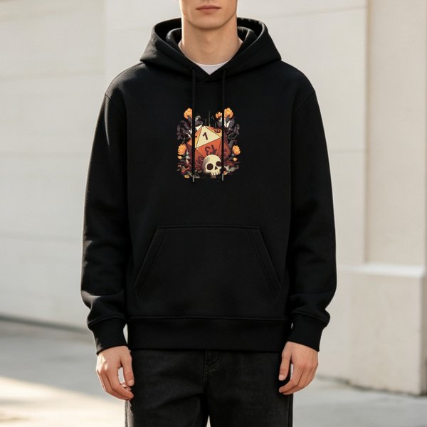 Black Hoodie With D20 Nat 1 Skull Fantasy Art Print