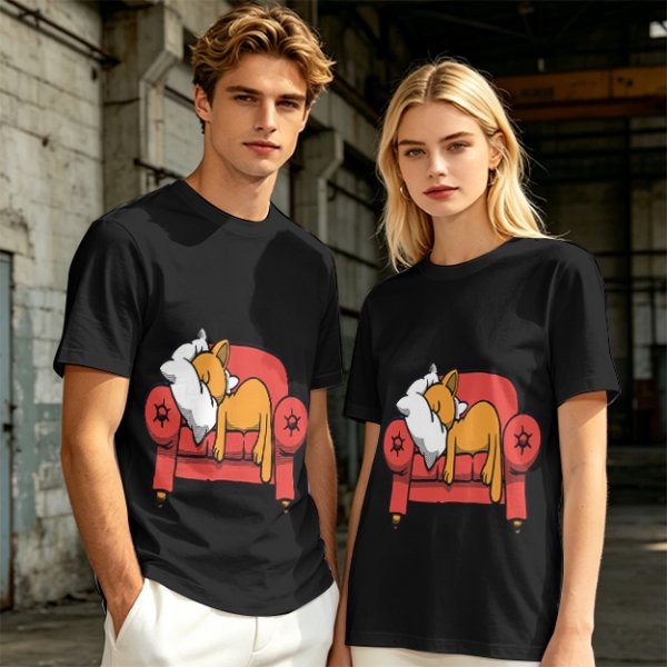 Olive green t-shirt with a sleeping orange cat on a red armchair print
