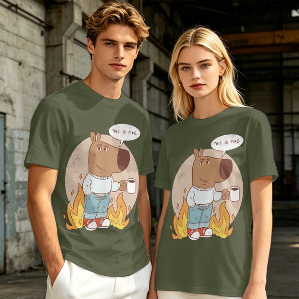 Olive T-Shirt Featuring the 'This Is Fine' Dog Meme Art