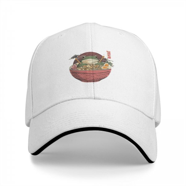 Black baseball cap with frog in ramen bowl graphic