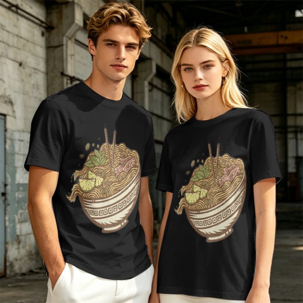 Olive Green T-Shirt With Illustrated Noodle Bowl Print