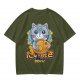 Olive green t-shirt with cute gray cat holding taiyaki graphic