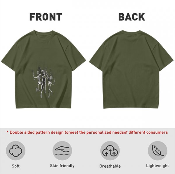 Olive T-shirt with Dancing Skeleton Graphic Print