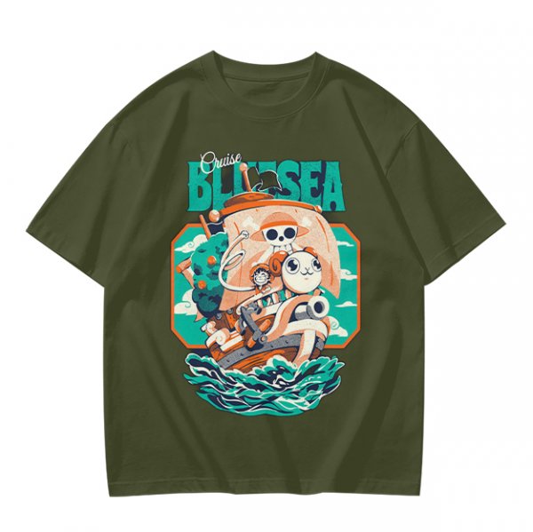 Olive T-Shirt with Cartoon Pirate Ship Blue Sea Cruise Print