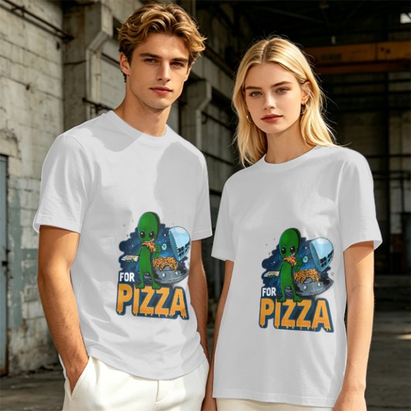 Olive Green T-Shirt with Alien Eating Pizza UFO Graphic