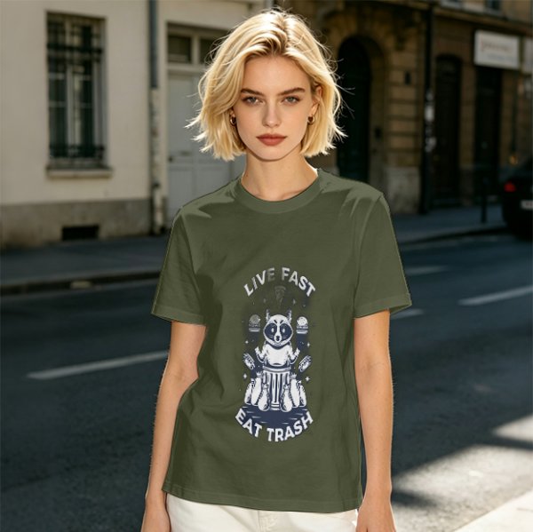 Olive graphic t-shirt with raccoon 'Live Fast Eat Trash' print