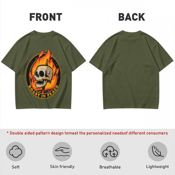 Olive T-Shirt With Roast In Peace Flaming Skull Graphic