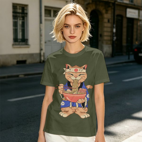Olive T-Shirt Featuring a Cat in a Headband Eating Ramen