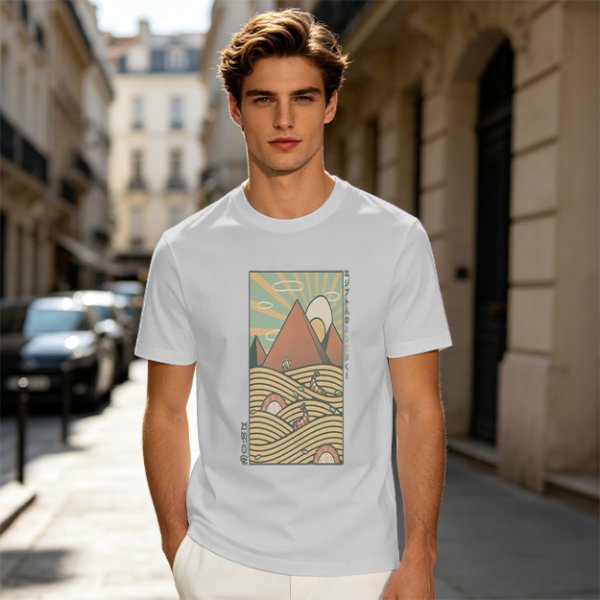 Olive T-Shirt With Retro Mountain And Ramen Noodle Landscape Print