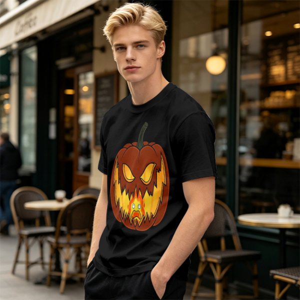 Olive Green T-Shirt With Scary Jack O' Lantern Pumpkin Print