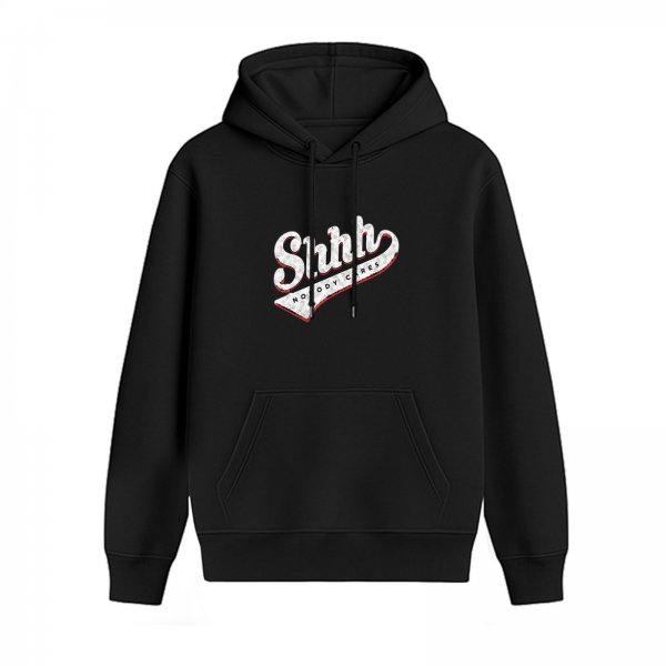 Black hoodie with 'Shhh Nobody Cares' graphic print