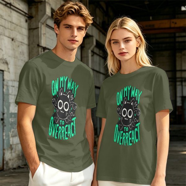 Oversized Olive T-Shirt With 'On My Way To Overreact' Cat Graphic