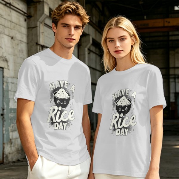Olive t-shirt with 'Have a Rice Day' and cute rice bowl graphic
